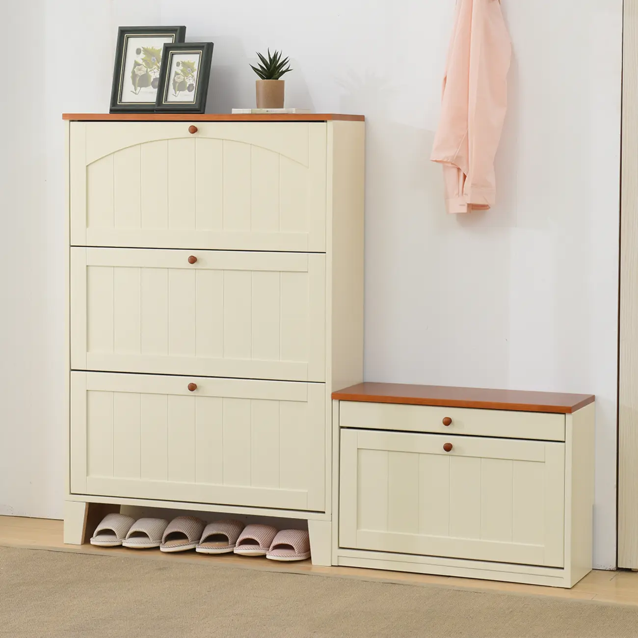 Entryway White/ Tawny Wooden Wall-Mounted Shoe Cabinet Image - 2 | homeyfad