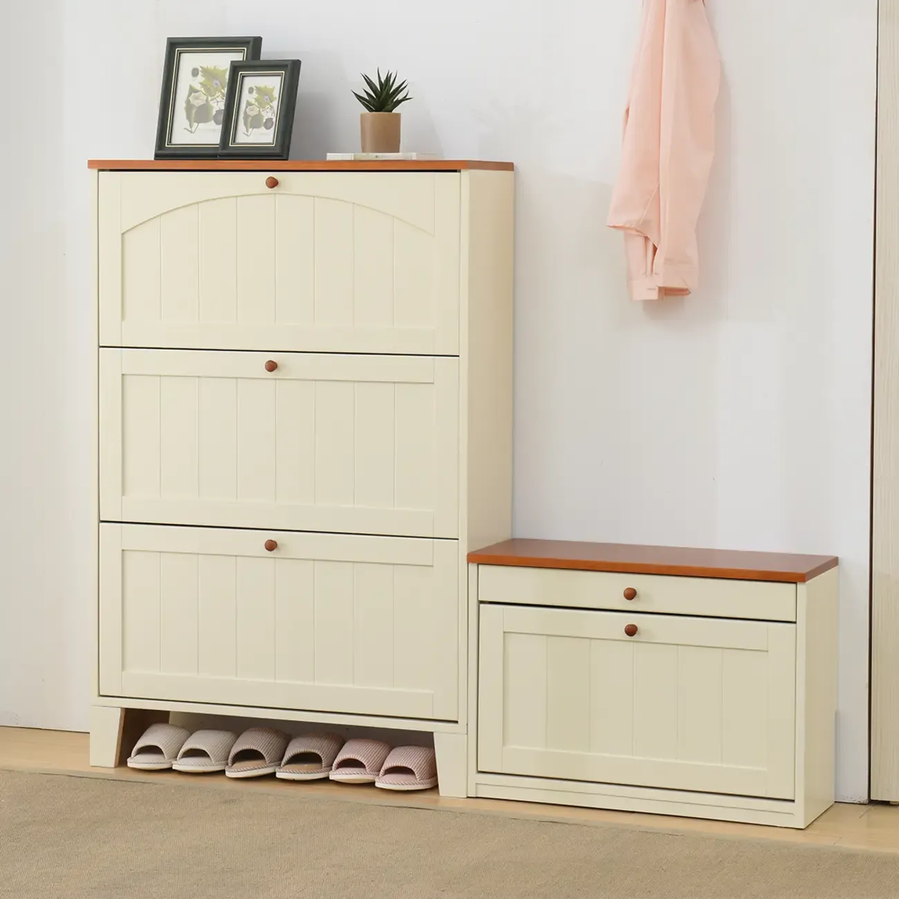 Entryway White/ Tawny Wooden Wall-Mounted Shoe Cabinet Image - 2