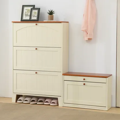 Entryway White/ Tawny Wooden Wall-Mounted Shoe Cabinet Image - 2