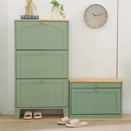 Entryway White/ Tawny Wooden Wall-Mounted Shoe Cabinet Image - 8