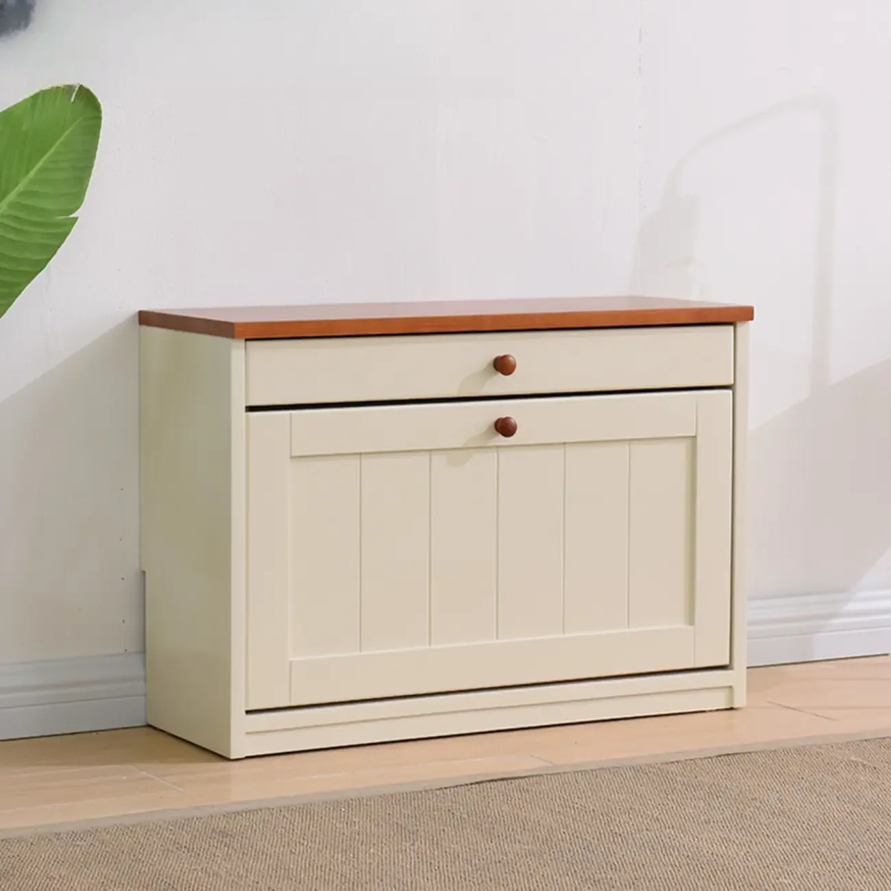 Entryway White/ Tawny Wooden Wall-Mounted Shoe Cabinet Image - 9