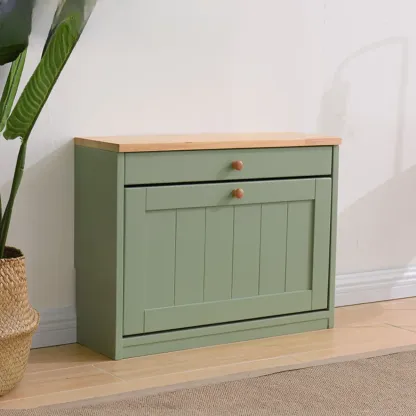 Entryway White/ Tawny Wooden Wall-Mounted Shoe Cabinet Image - 11