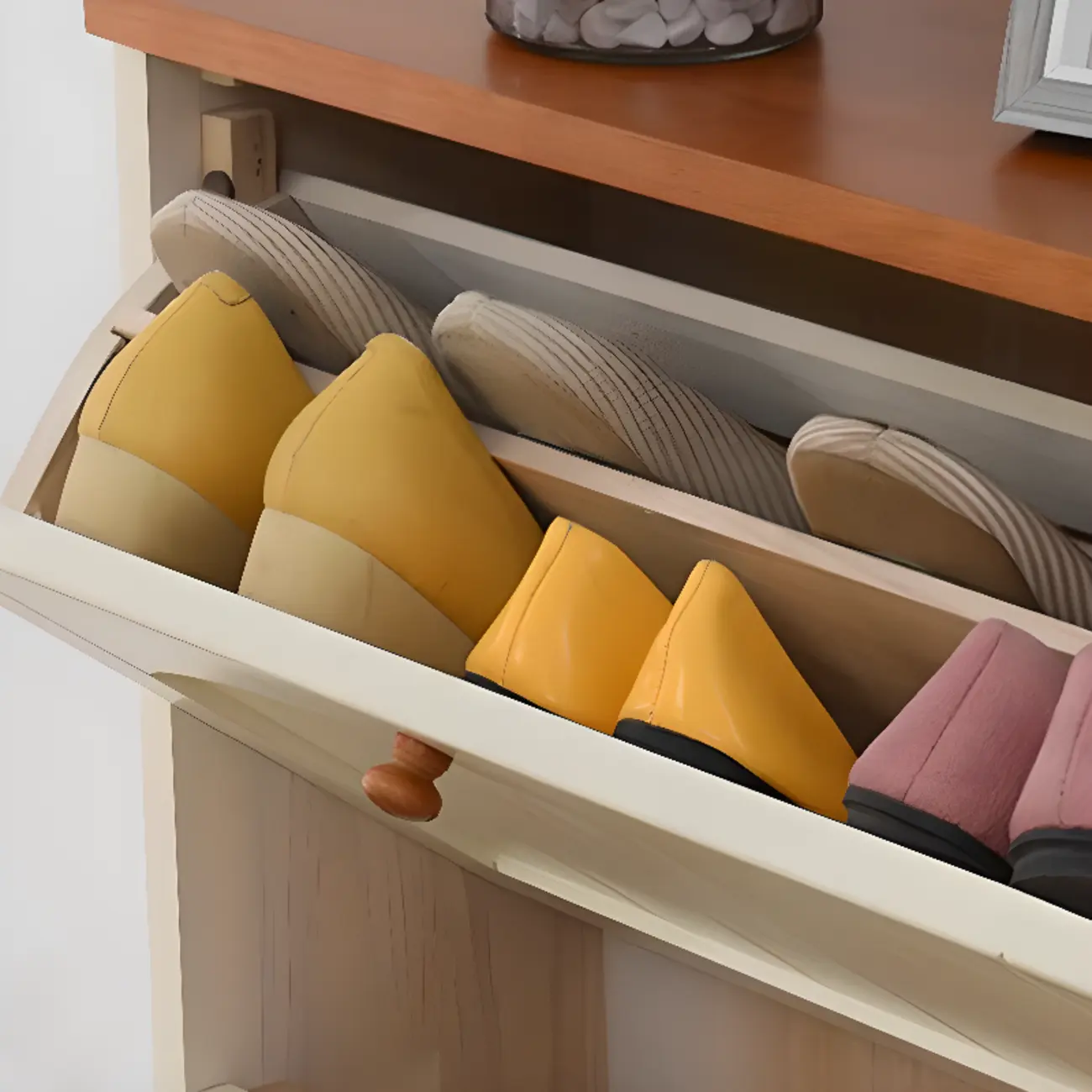 Entryway White/ Tawny Wooden Wall-Mounted Shoe Cabinet Image - 13 | homeyfad