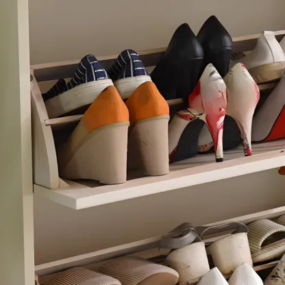 Entryway White/ Tawny Wooden Wall-Mounted Shoe Cabinet Image - 14