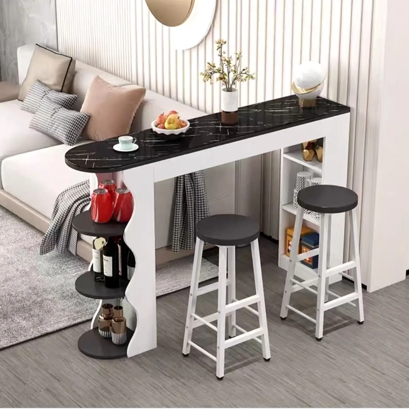 Modern Black-White Wooden Asymmetrical Shelves Bar Tables Image - 1 | homeyfad