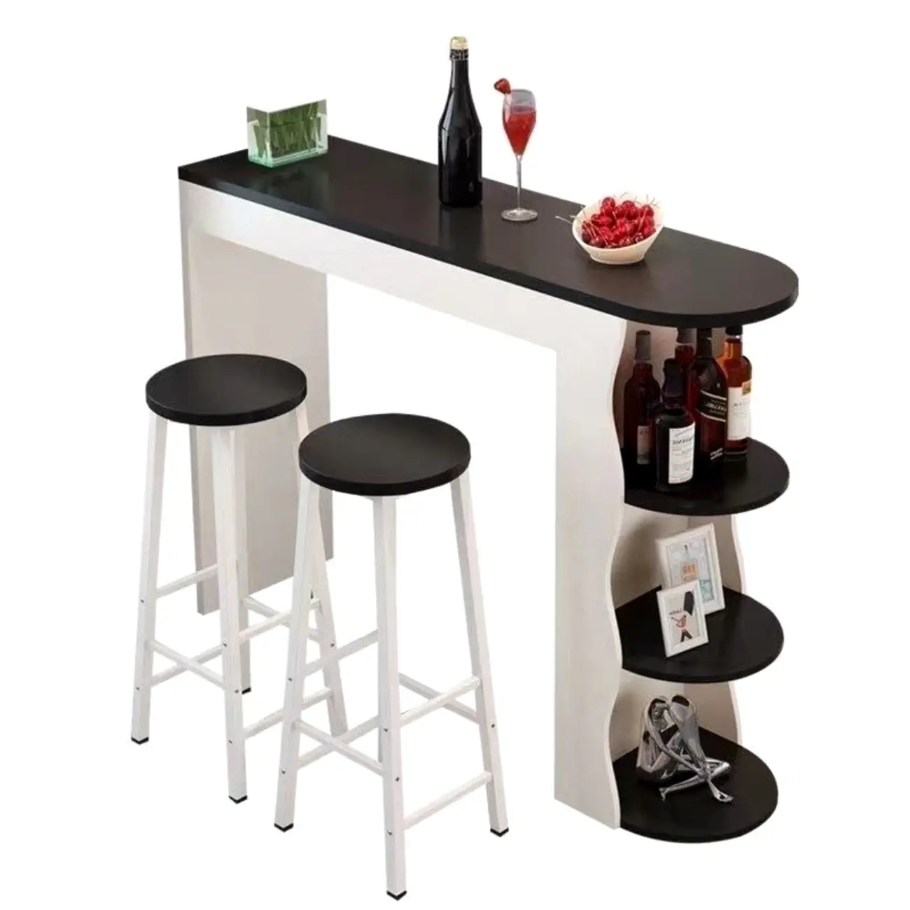Modern Black-White Wooden Asymmetrical Shelves Bar Tables Image - 2 | homeyfad