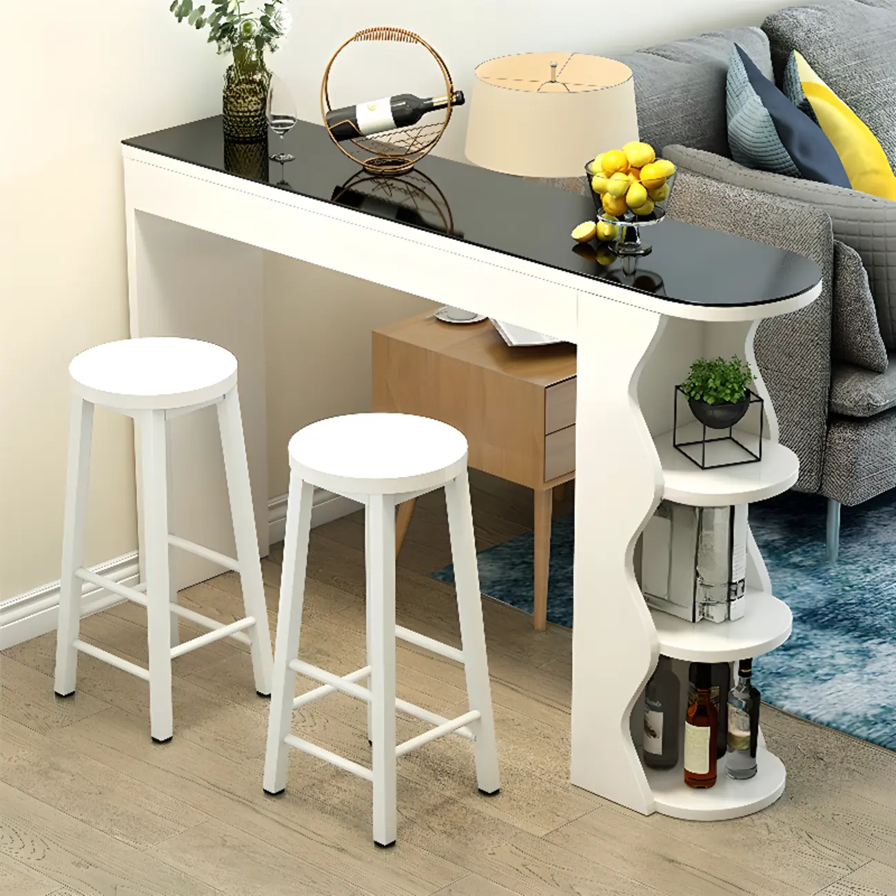 Modern Black-White Wooden Asymmetrical Shelves Bar Tables Image - 9 | homeyfad