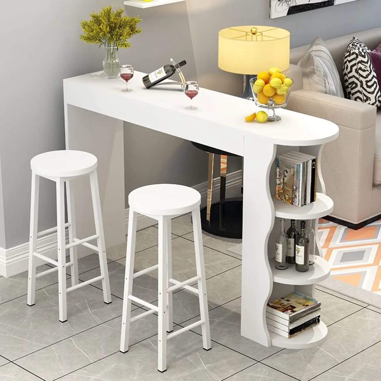 Modern Black-White Wooden Asymmetrical Shelves Bar Tables Image - 10 | homeyfad