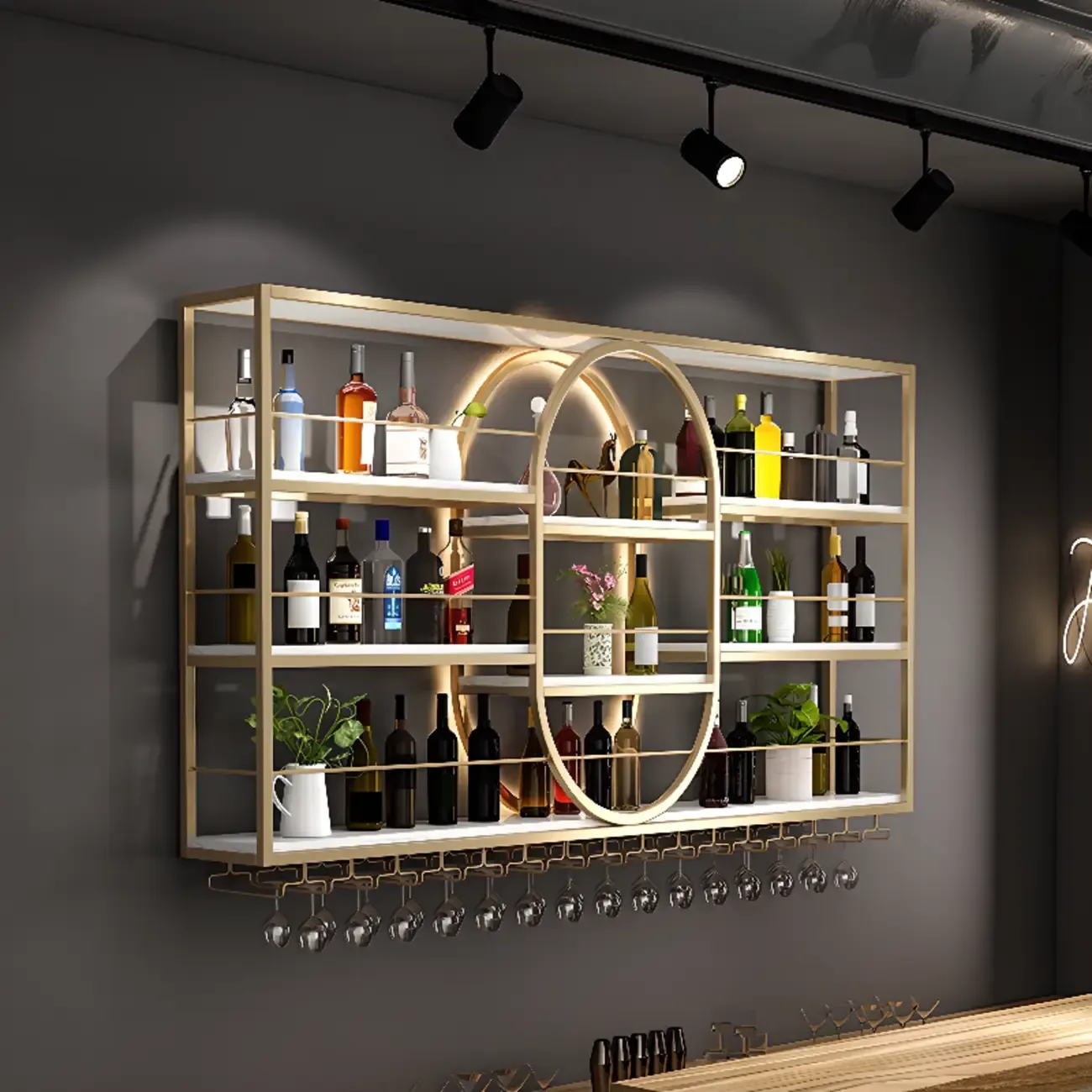 Nordic Metal Black Wall Mounted Wine Rack with Light Image - 1