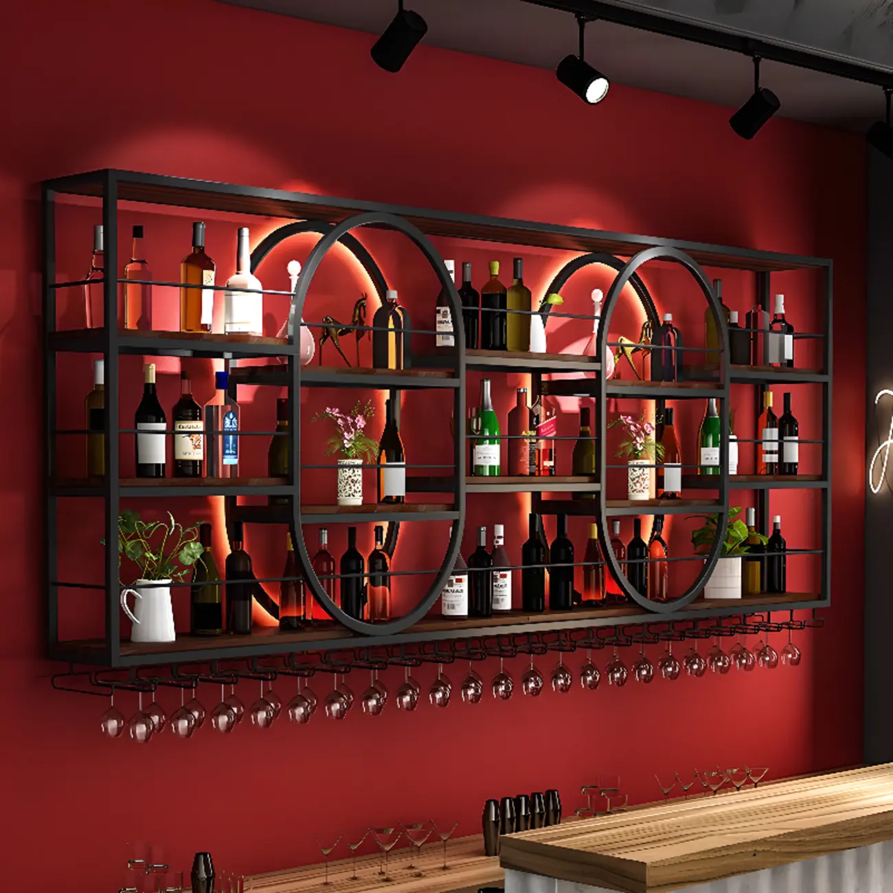 Nordic Metal Black Wall Mounted Wine Rack with Light Image - 2 | homeyfad