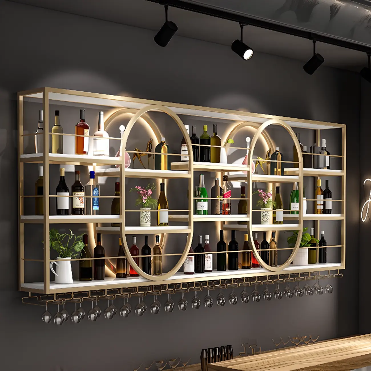 Nordic Metal Black Wall Mounted Wine Rack with Light Image - 3 | homeyfad