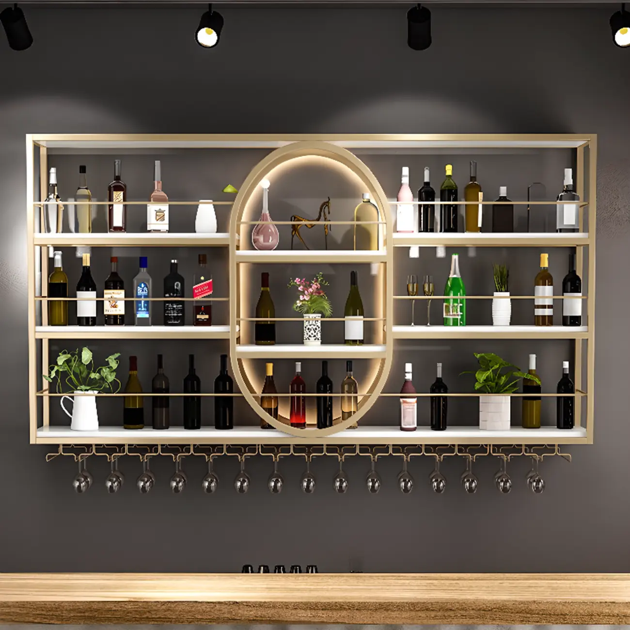 Nordic Metal Black Wall Mounted Wine Rack with Light Image - 4 | homeyfad