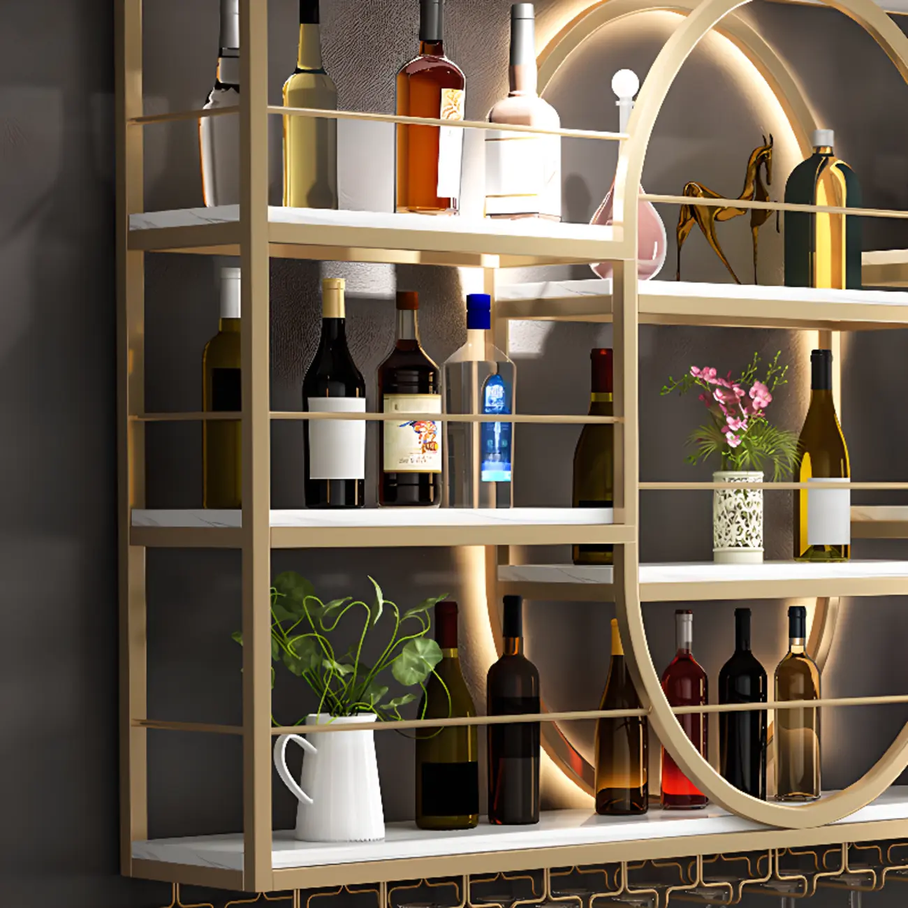 Nordic Metal Black Wall Mounted Wine Rack with Light Image - 13 | homeyfad