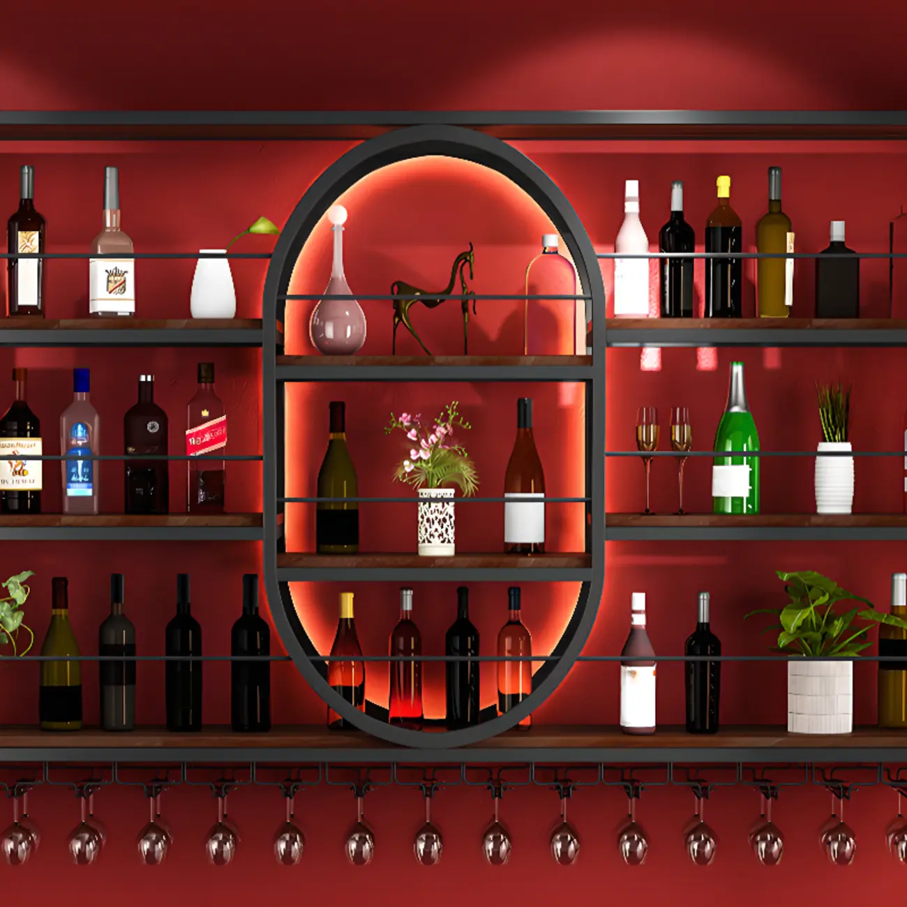 Nordic Metal Black Wall Mounted Wine Rack with Light Image - 14 | homeyfad