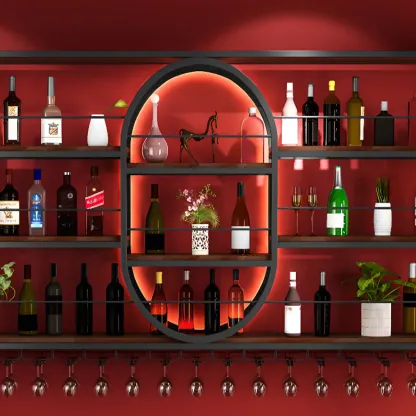 Nordic Metal Black Wall Mounted Wine Rack with Light Image - 14