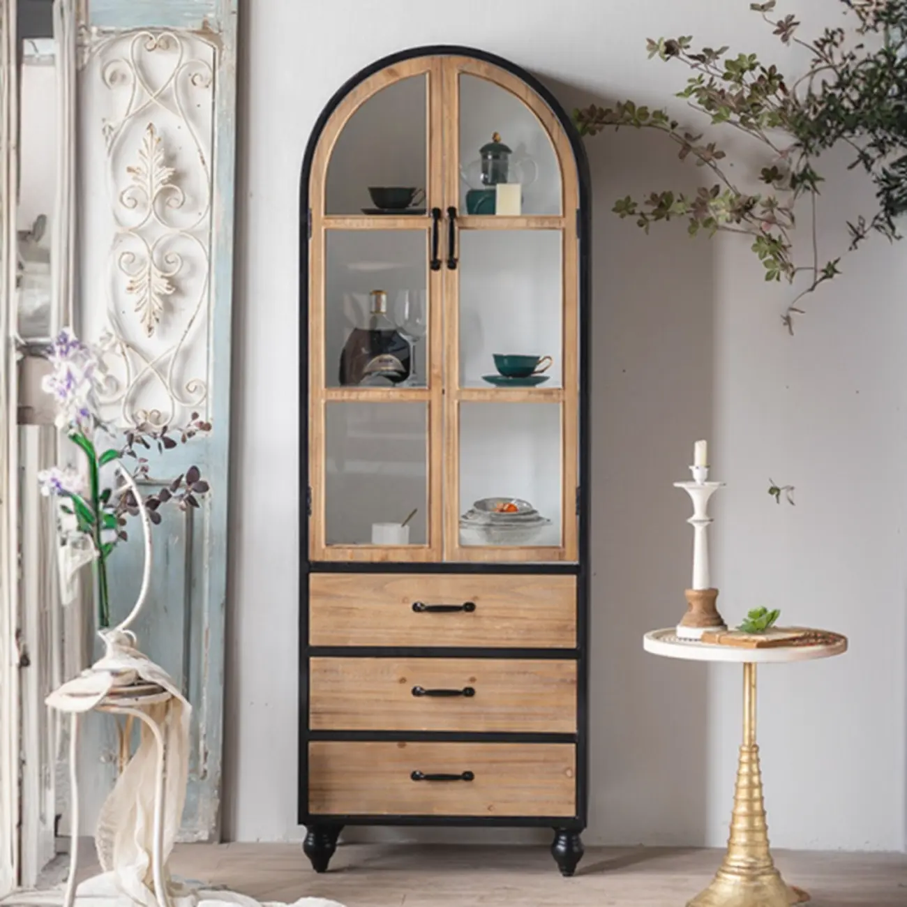 Rustic Wooden Freestanding Cabinet for Living Room Decor with Arch Shape | homeyfad