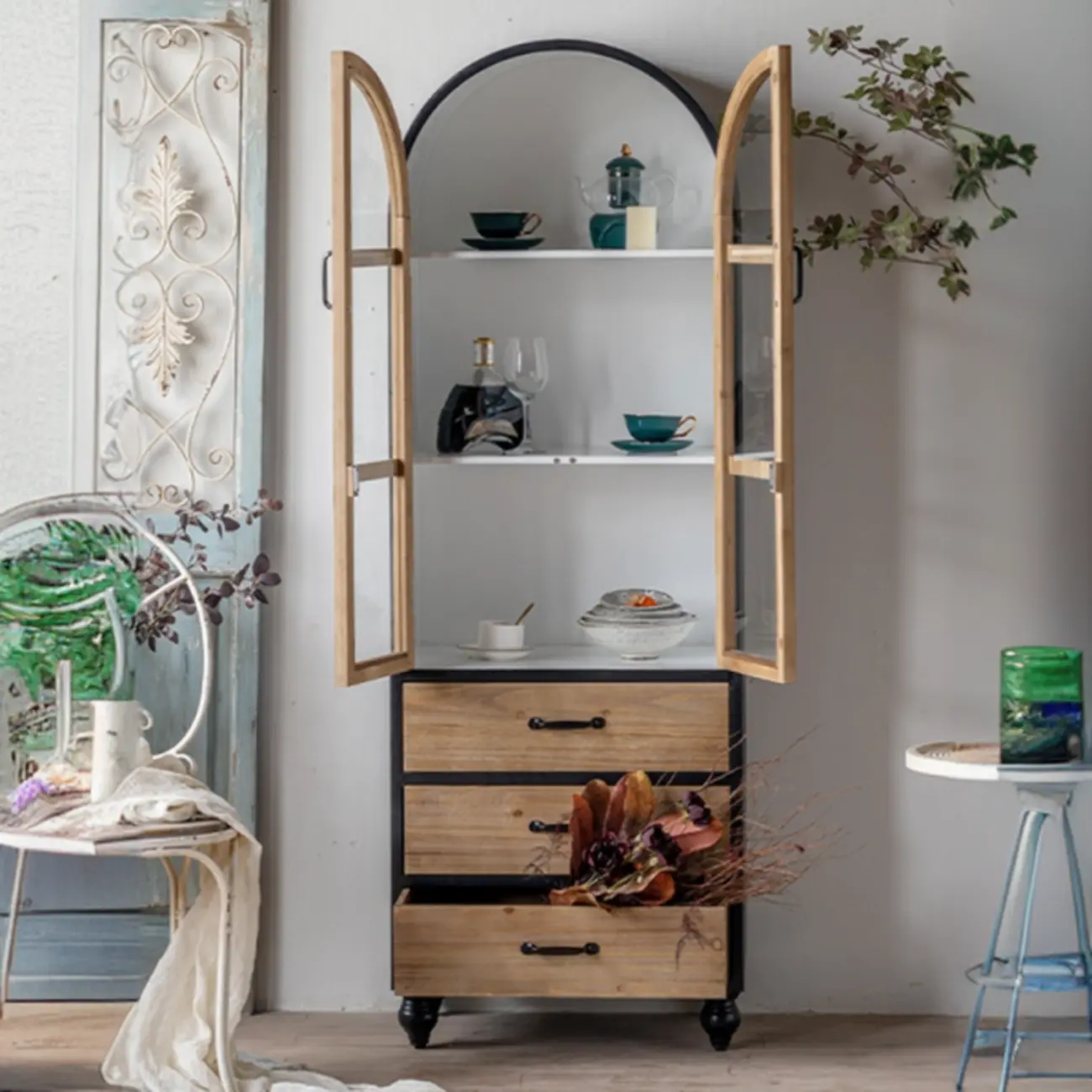 Rustic Wooden Freestanding Cabinet for Living Room Decor with Arch Shape | homeyfad