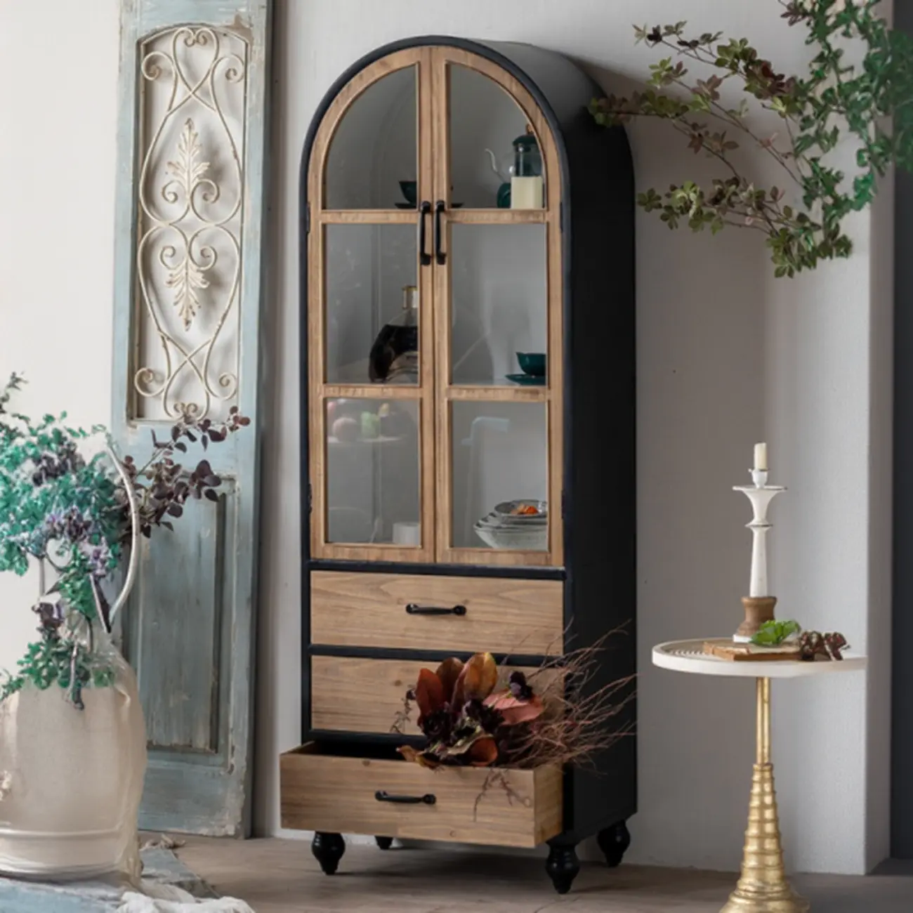 Rustic Wooden Freestanding Cabinet for Living Room Decor with Arch Shape | homeyfad