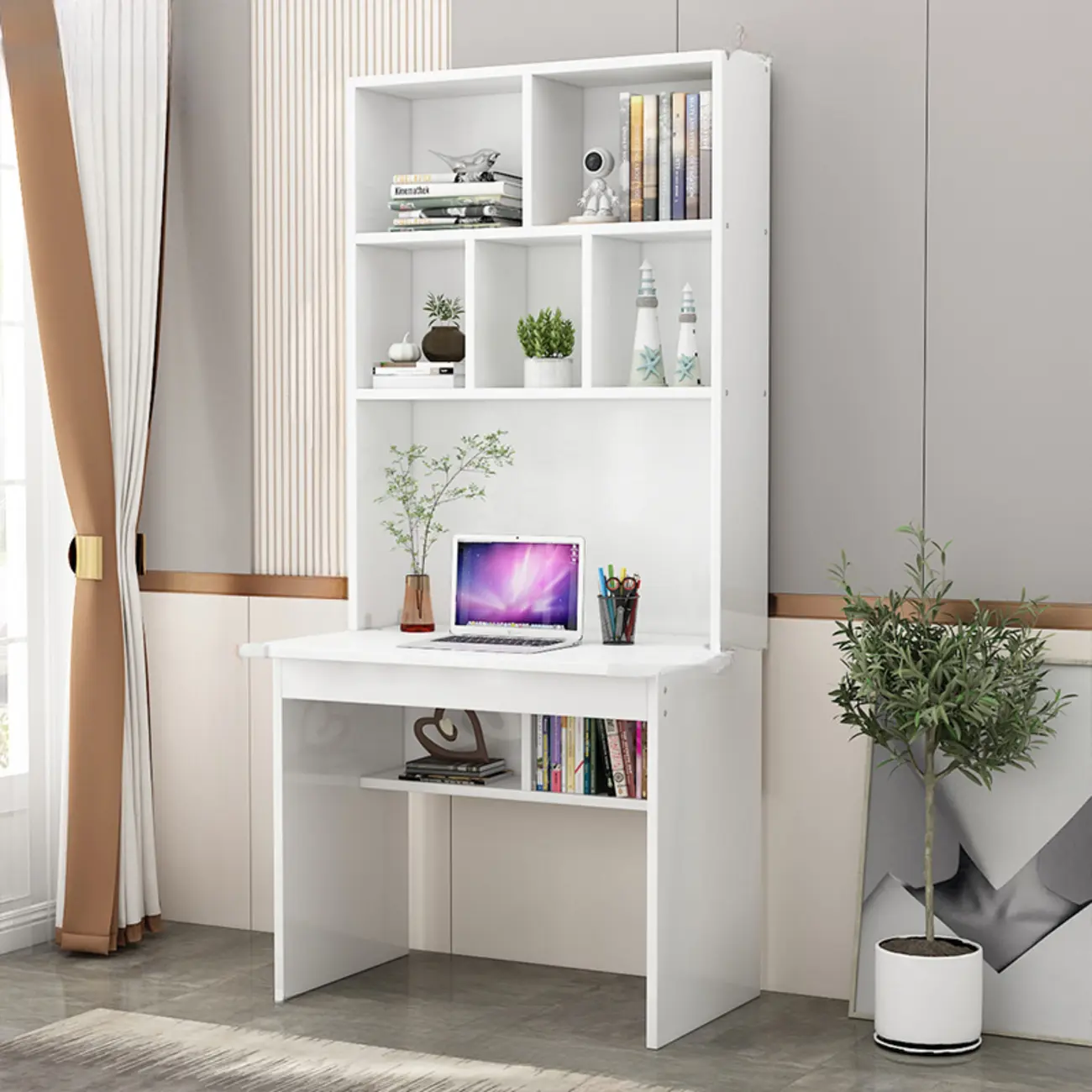 Bedroom White Wood Hutch Shelf Computer Desk Image - 2 | homeyfad