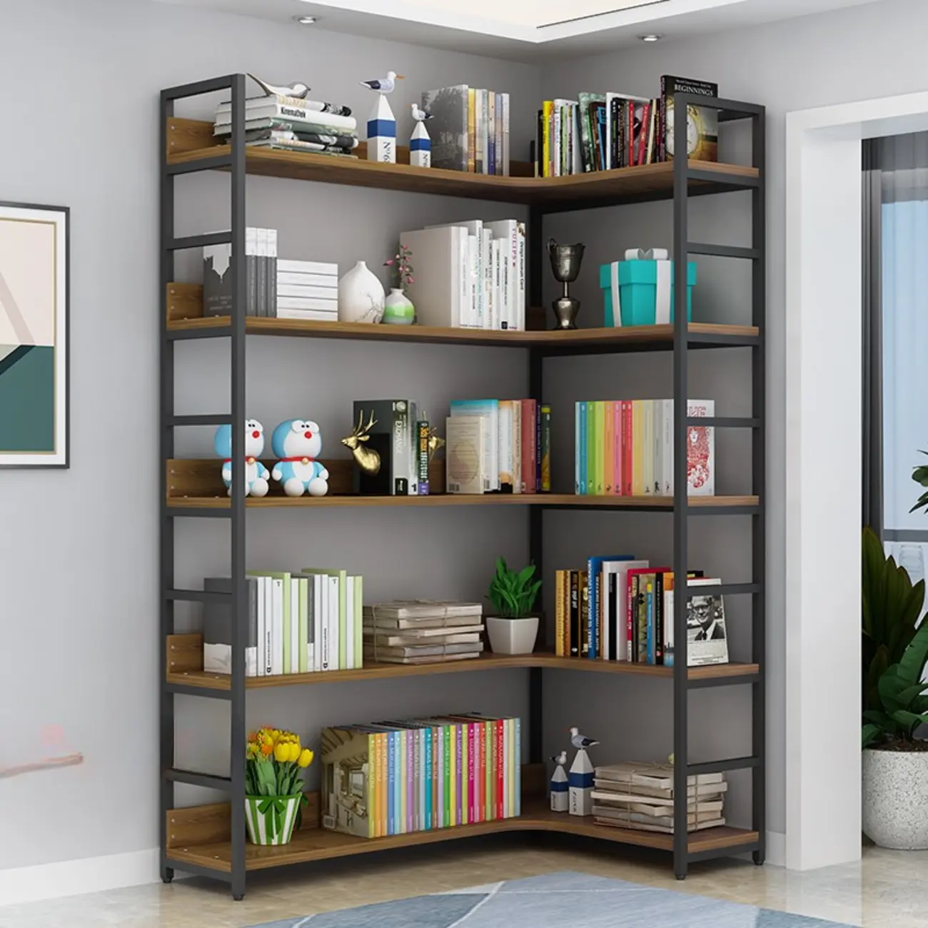 Minimalist L-Shape Open 5 Tiers Wood Metal Etagere Bookcase Image - 1 | homeyfad
