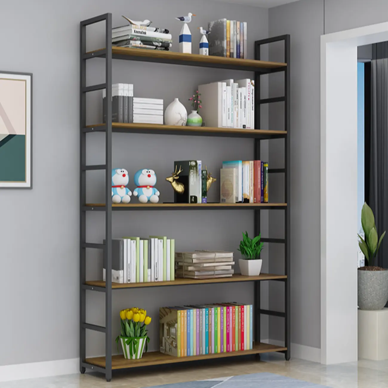 Minimalist L-Shape Open 5 Tiers Wood Metal Etagere Bookcase Image - 2 | homeyfad