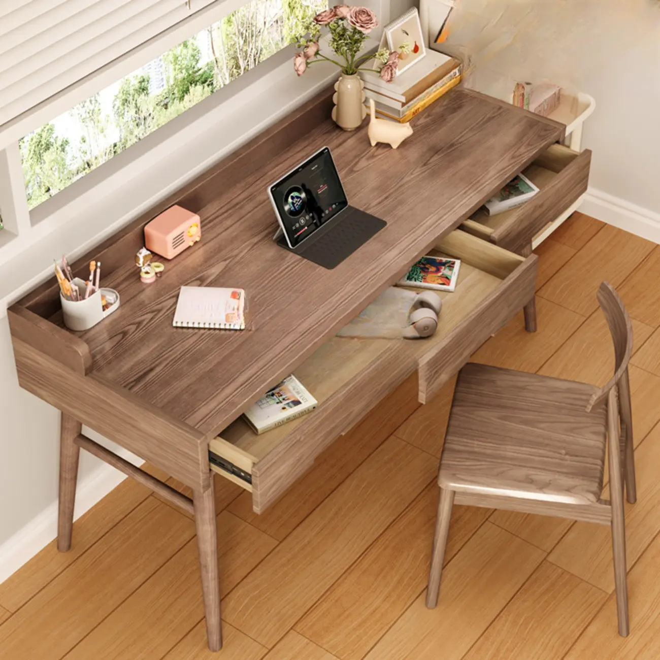 55.1"L Minimalist Brown Wooden Storage Office Desk with Splash Image - 2 | homeyfad