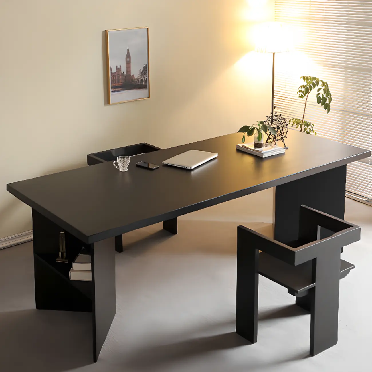 Elegant Black Rectangular Writing Desk with Shelf for Home Office Image - 1 | homeyfad