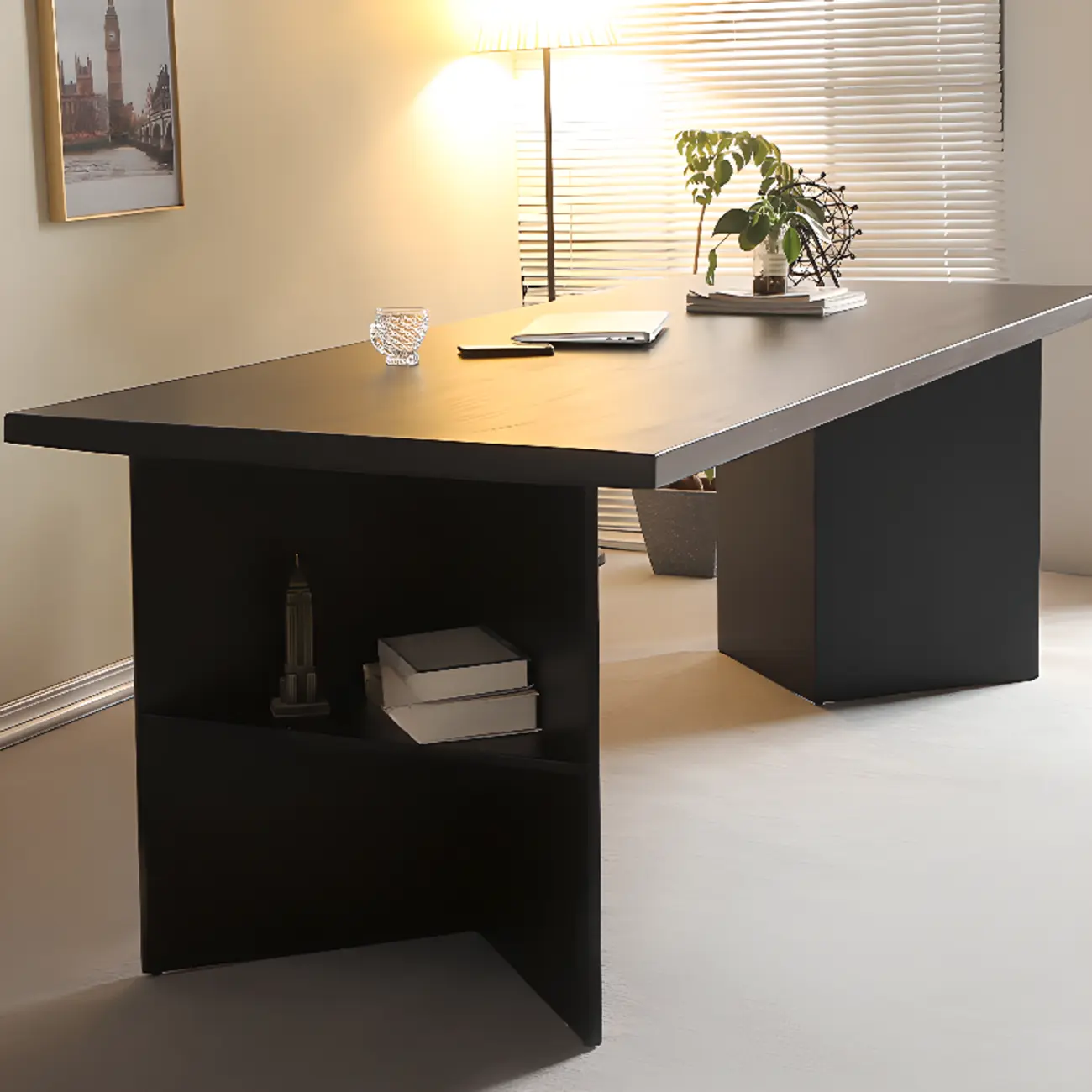 Elegant Black Rectangular Writing Desk with Shelf for Home Office Image - 4 | homeyfad