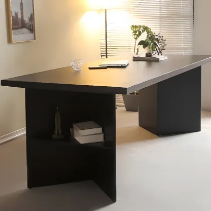 Elegant Black Rectangular Writing Desk with Shelf for Home Office Image - 4