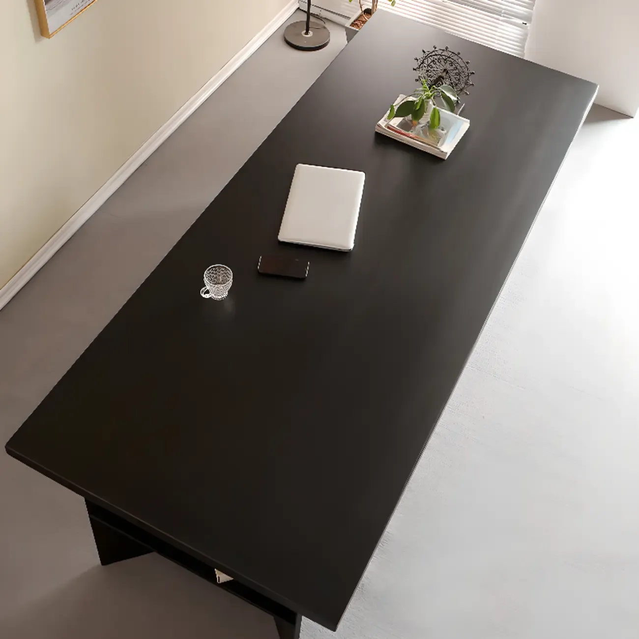Elegant Black Rectangular Writing Desk with Shelf for Home Office Image - 10
