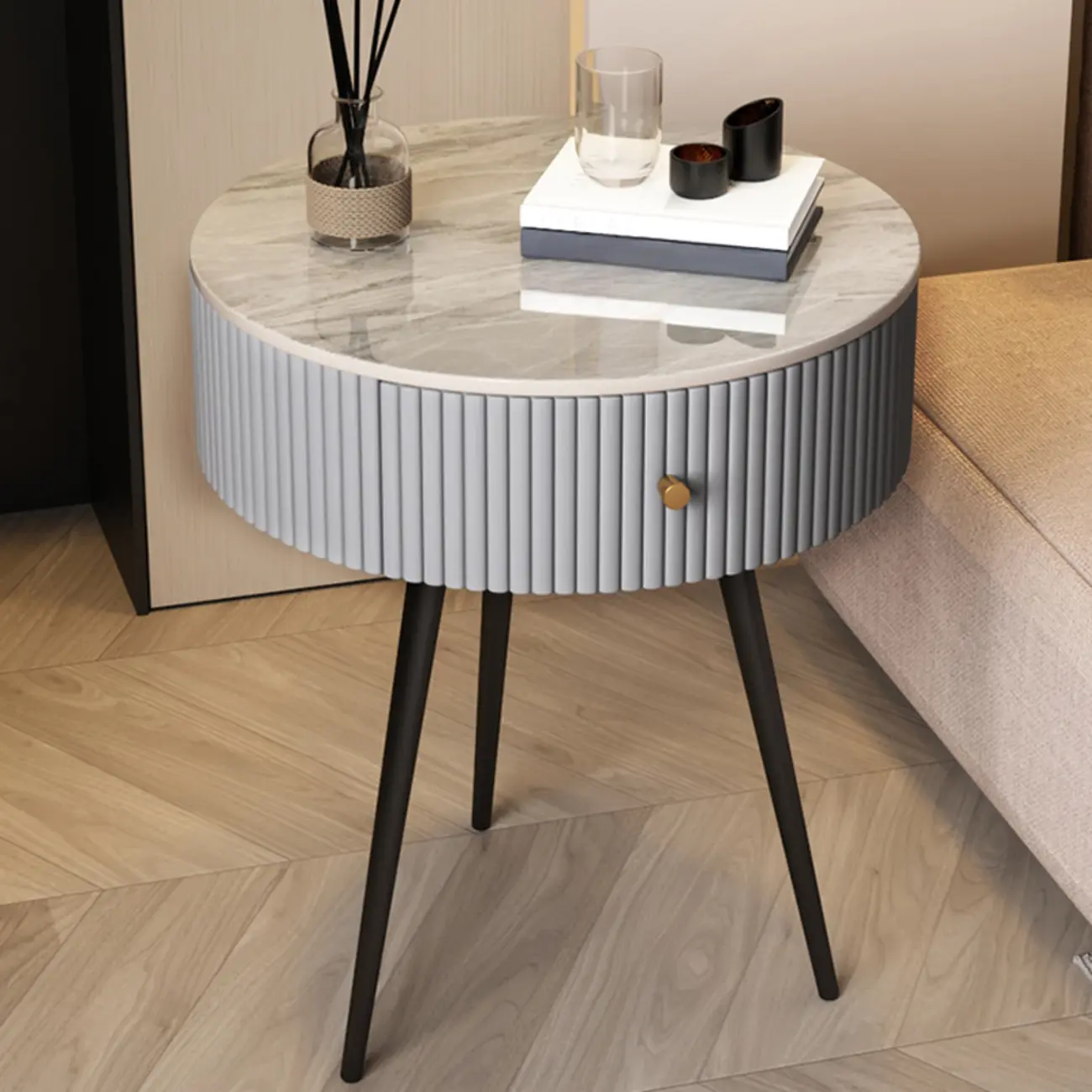 Modern Sintered Stone Top Round Drawer Tripod Nightstand Image - 3 | homeyfad