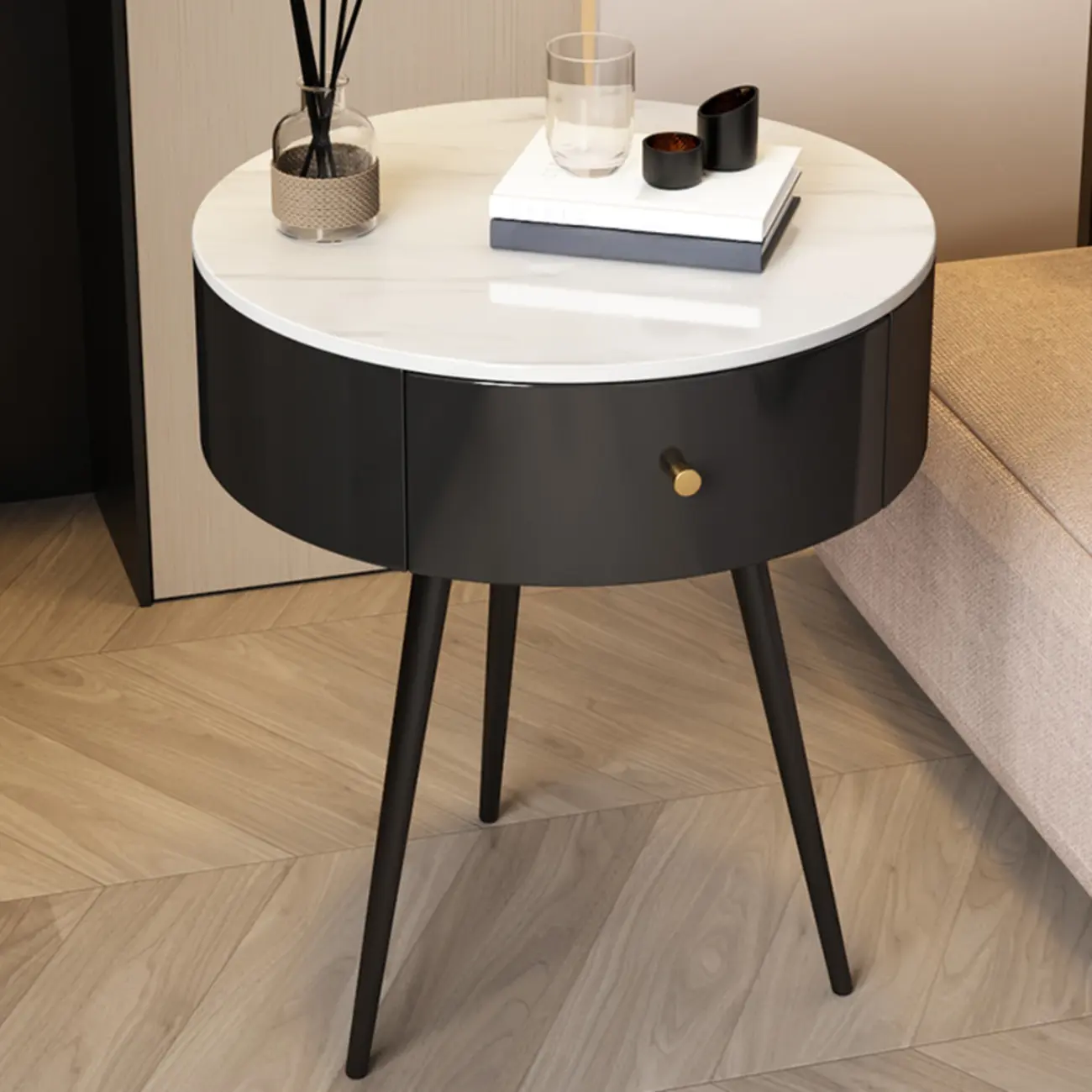 Modern Sintered Stone Top Round Drawer Tripod Nightstand Image - 4 | homeyfad