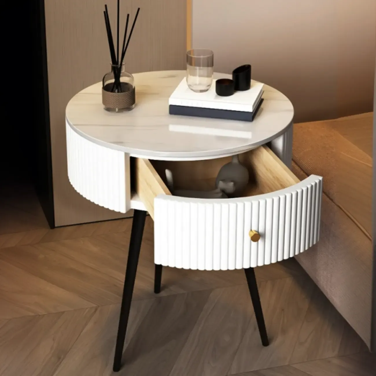 Modern Sintered Stone Top Round Drawer Tripod Nightstand Image - 2