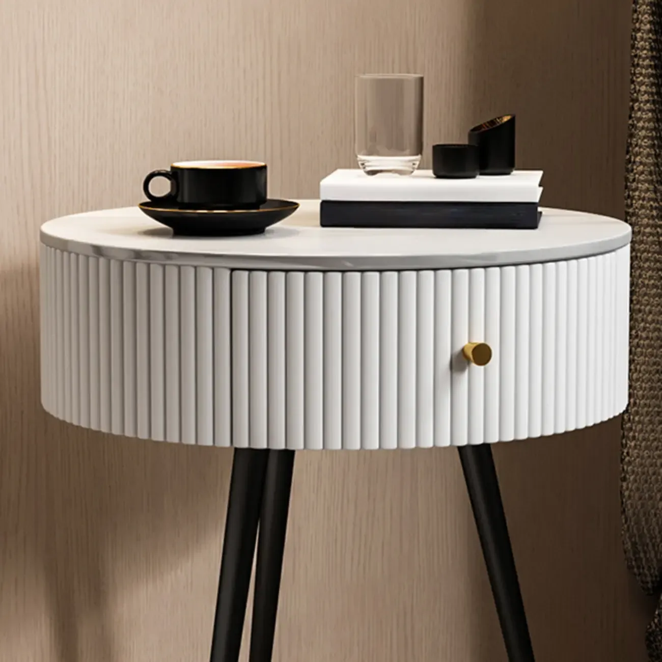 Modern Sintered Stone Top Round Drawer Tripod Nightstand Image - 7
