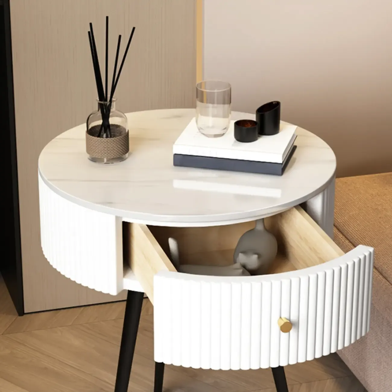 Modern Sintered Stone Top Round Drawer Tripod Nightstand Image - 5