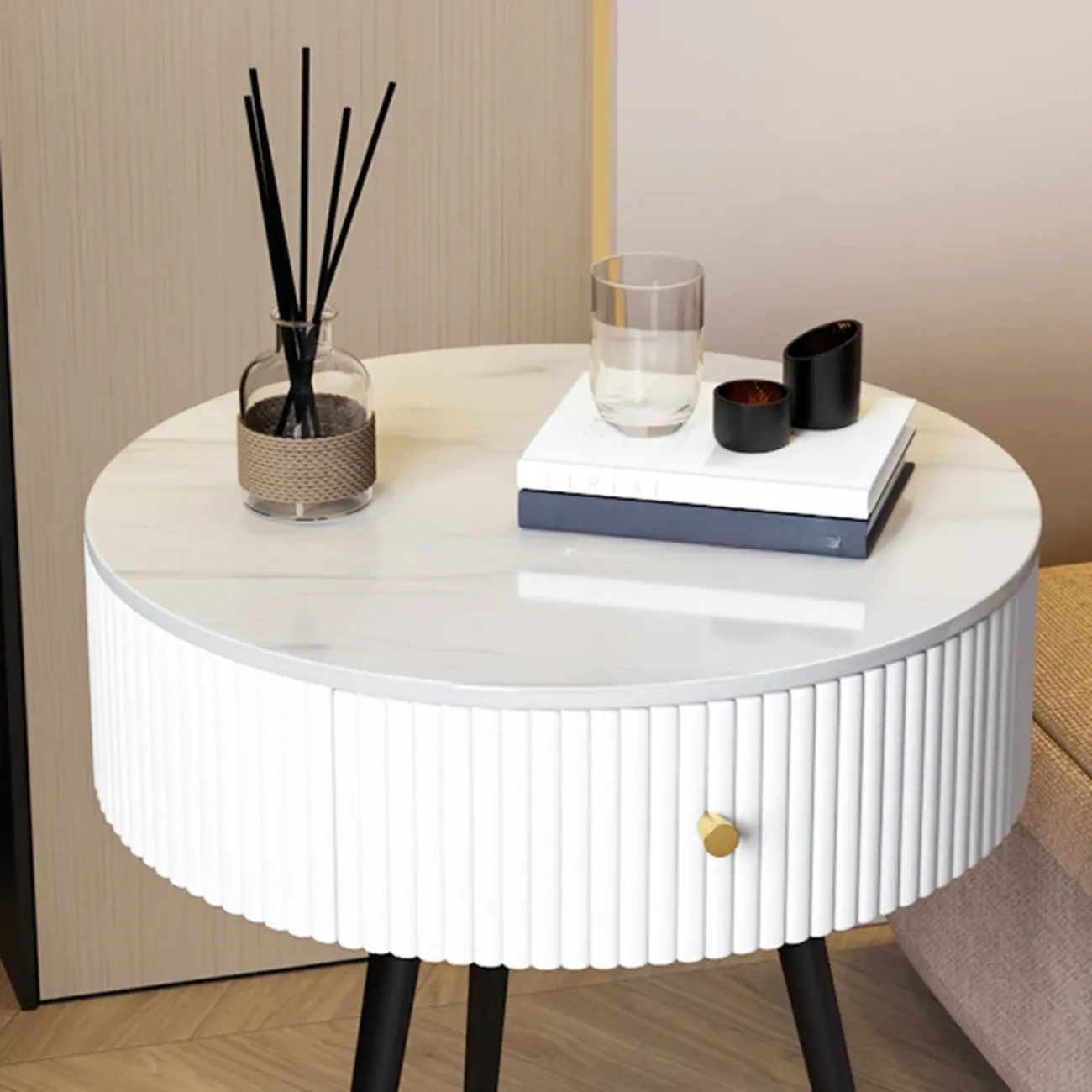 Modern Sintered Stone Top Round Drawer Tripod Nightstand Image - 6 | homeyfad