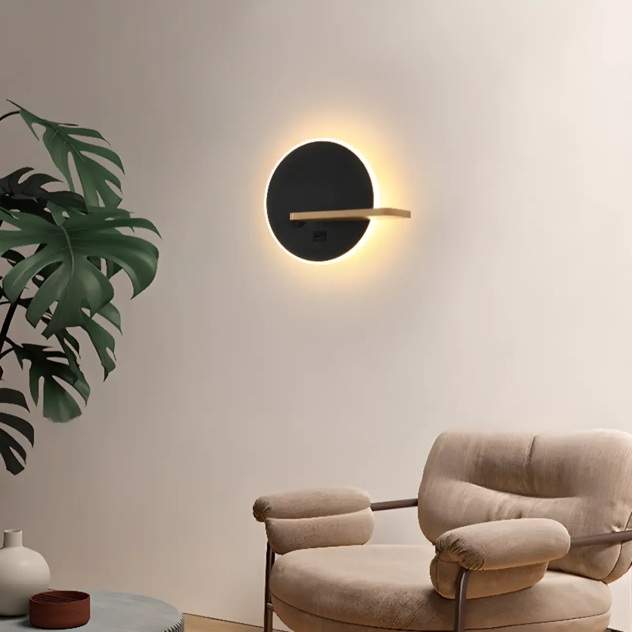 Modern Geometric LED Black Wall Sconce with USB Port Image - 4