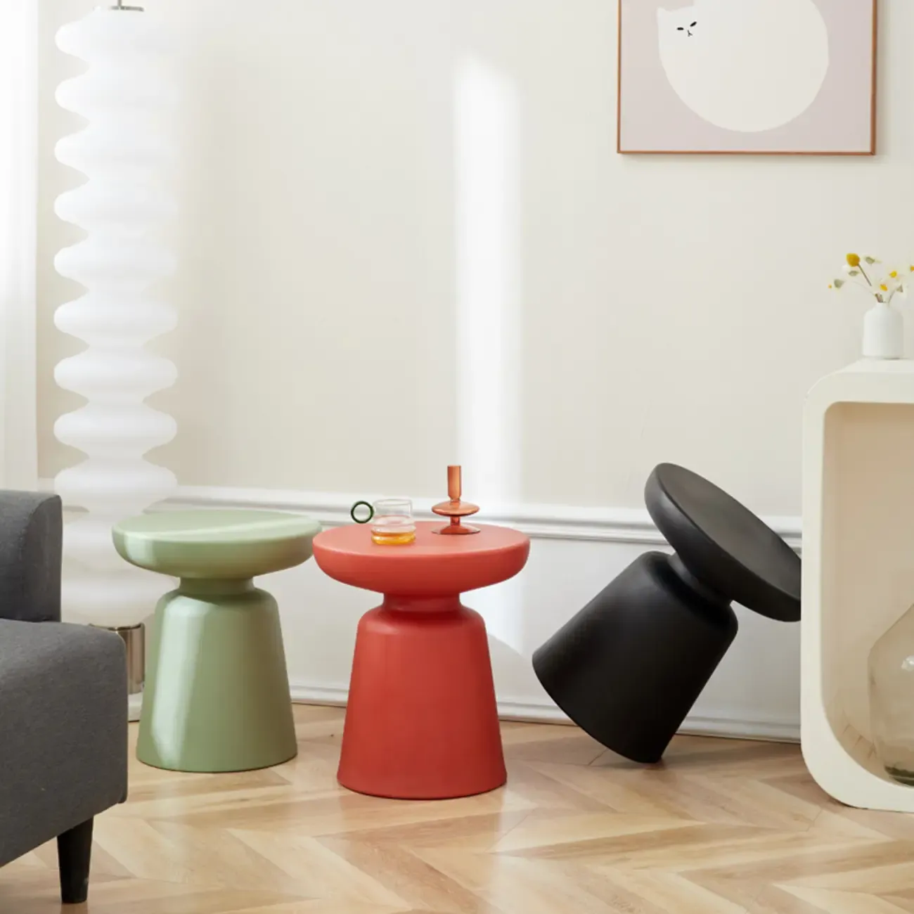 Simple Red Round End Table with Drum Base Image - 3