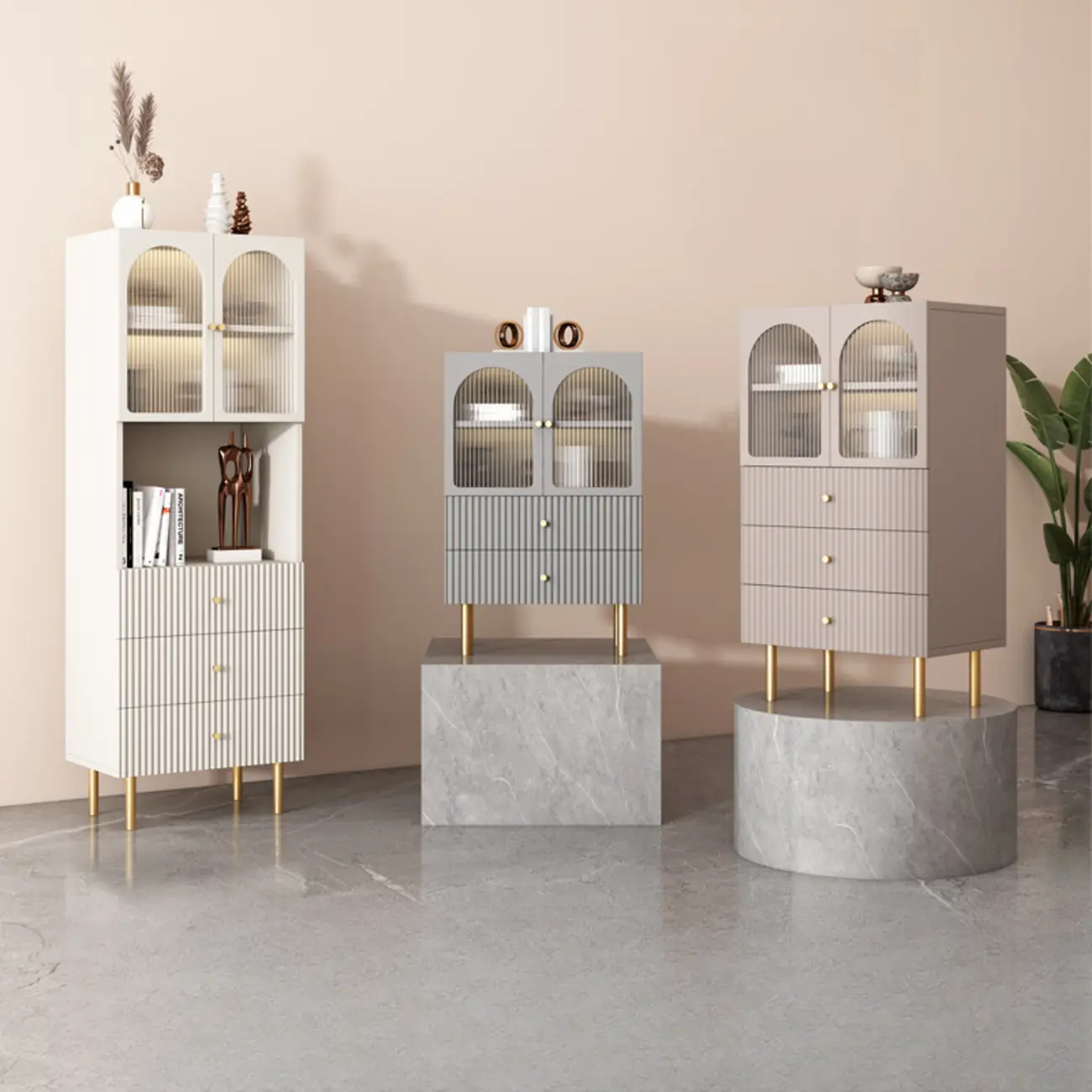 Trendy Marble-Textured Striped Wood Glass Storage Cabinet Image - 3 | homeyfad