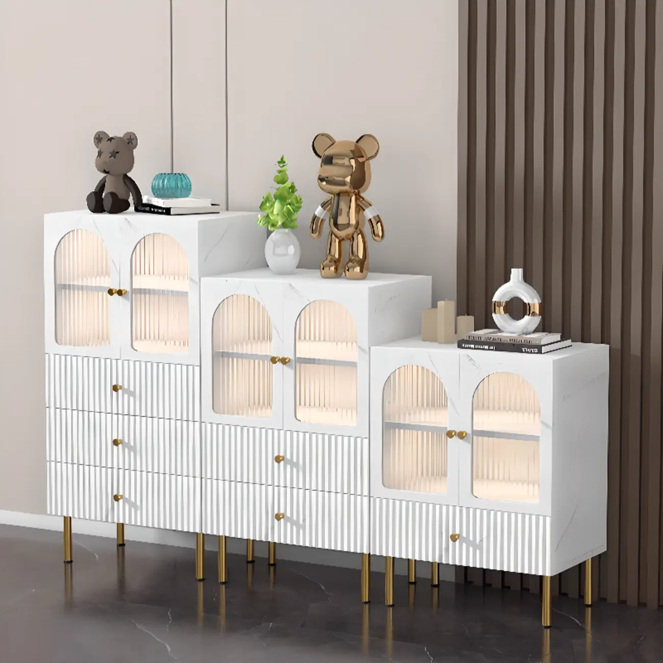 Trendy Marble-Textured Striped Wood Glass Storage Cabinet Image - 4 | homeyfad