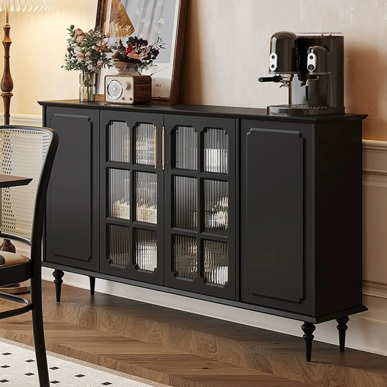 Modern Black Wood Fluted Glass Storage Cabinet for Living Room Image - 1 | homeyfad
