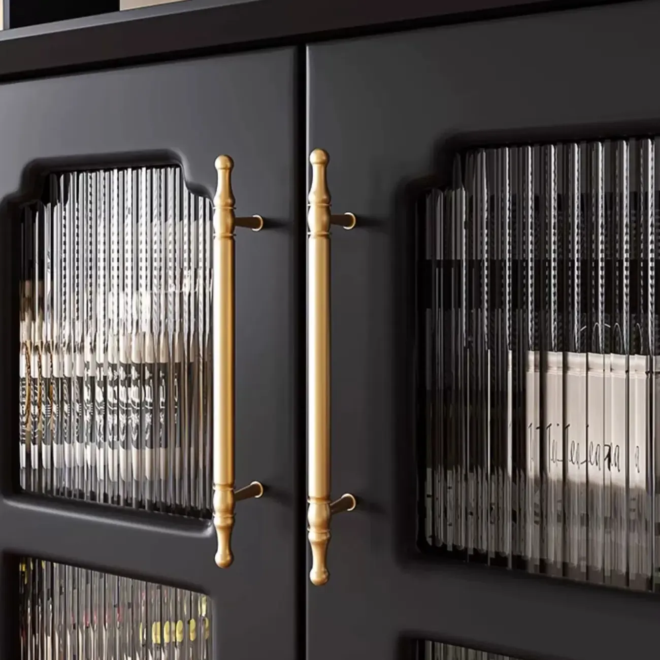 Modern Black Wood Fluted Glass Storage Cabinet for Living Room Image - 8