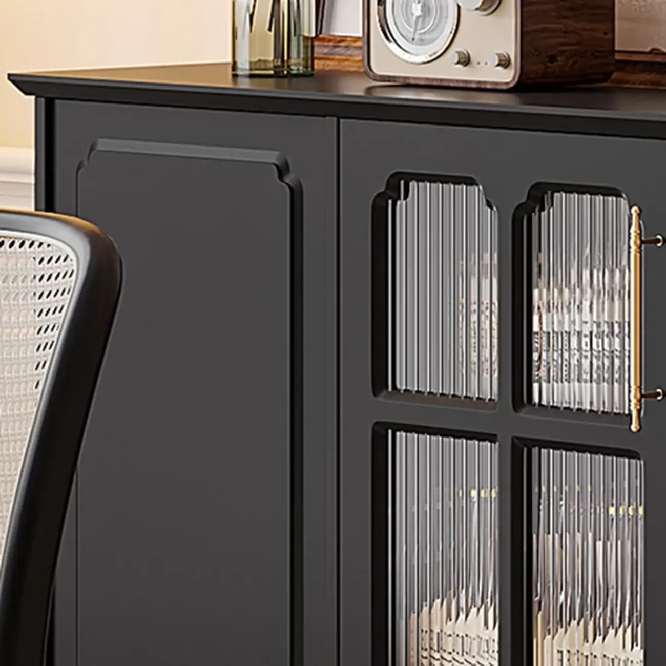 Modern Black Wood Fluted Glass Storage Cabinet for Living Room Image - 9 | homeyfad