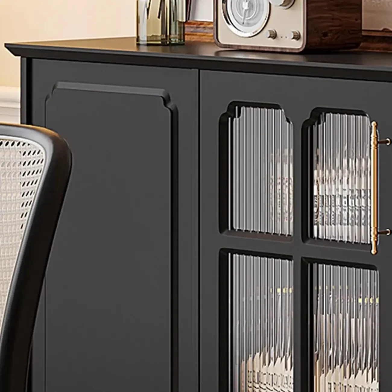 Modern Black Wood Fluted Glass Storage Cabinet for Living Room Image - 9