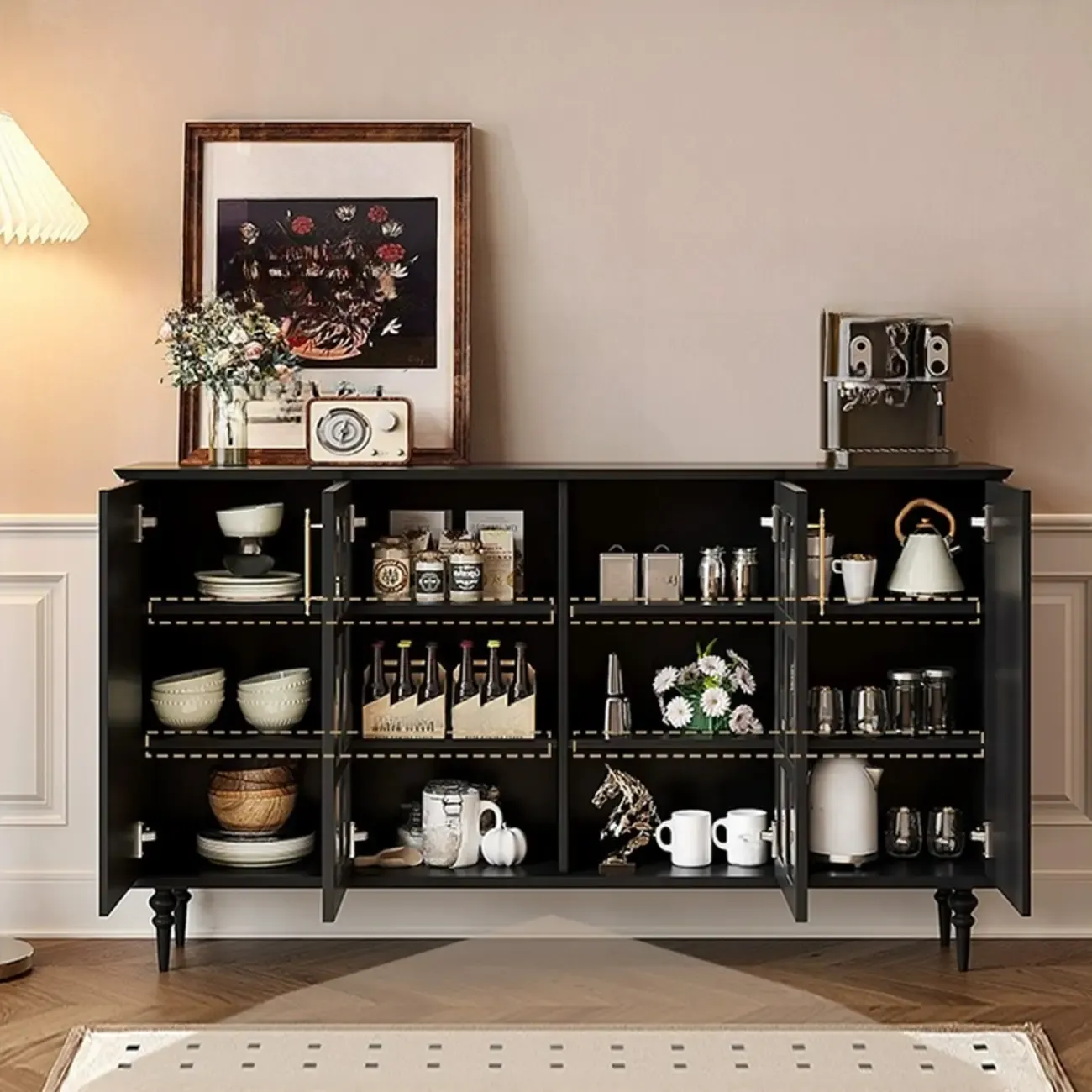 Modern Black Wood Fluted Glass Storage Cabinet for Living Room Image - 10