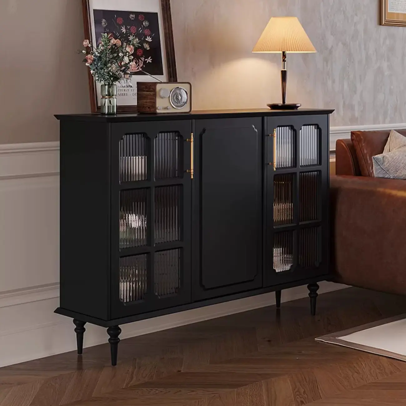 Modern Black Wood Fluted Glass Storage Cabinet for Living Room Image - 11 | homeyfad