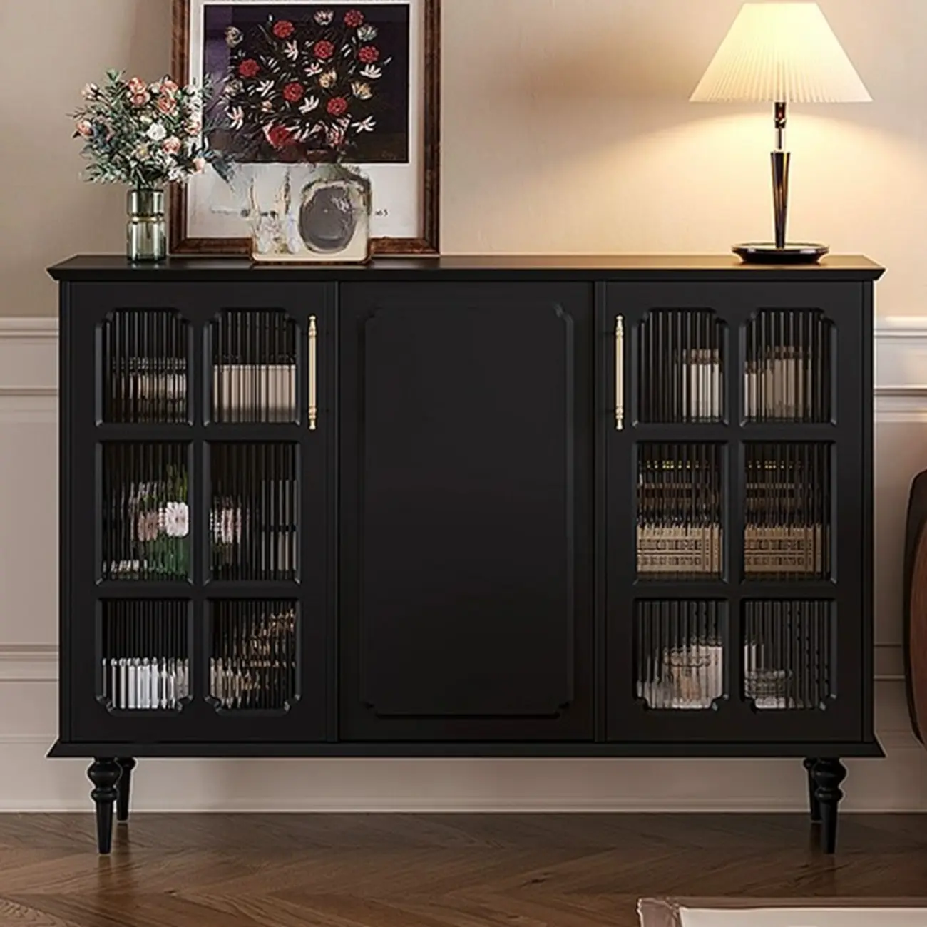 Modern Black Wood Fluted Glass Storage Cabinet for Living Room Image - 12 | homeyfad