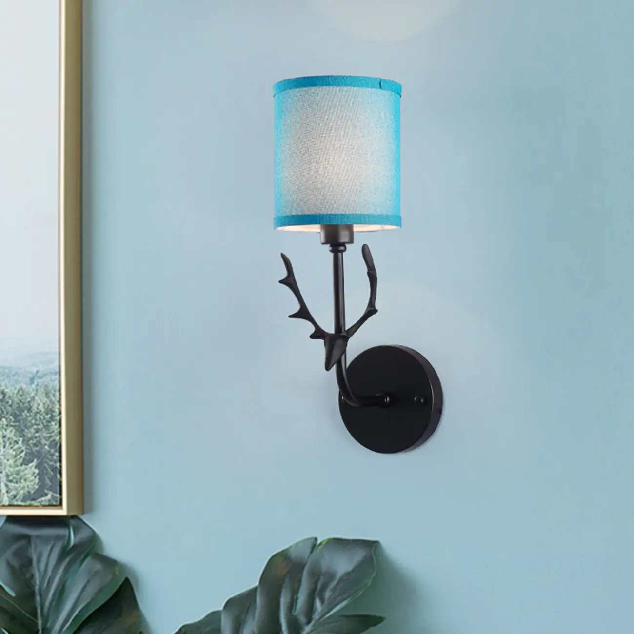 Vintage Antler Wall Sconce with Fabric Shade for Living Room | homeyfad