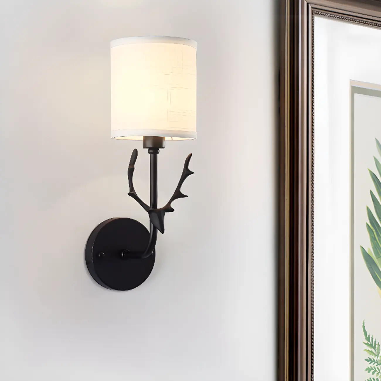Vintage Antler Wall Sconce with Fabric Shade for Living Room | homeyfad