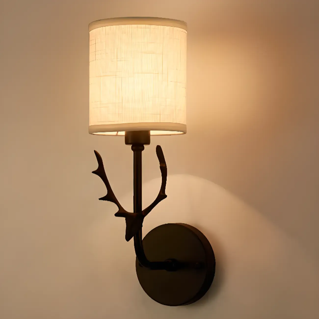 Vintage Antler Wall Sconce with Fabric Shade for Living Room